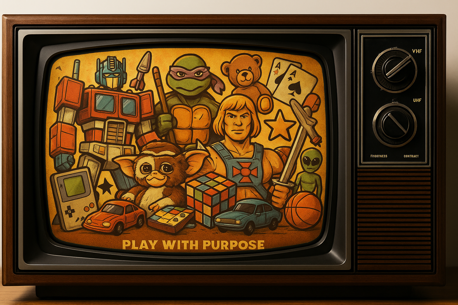 1980s Nostalgia on a Vintage CRT TV Vintage 1980s wood-paneled CRT television with knobs and dials, screen glowing with a collage of classic 80s toys and characters including Optimus Prime, Donatello from Teenage Mutant Ninja Turtles, He-Man, Gizmo from Gremlins, Rubik’s Cube, Game Boy, toy cars, teddy bear, alien, basketball, and playing cards. Bottom text reads “PLAY WITH PURPOSE.